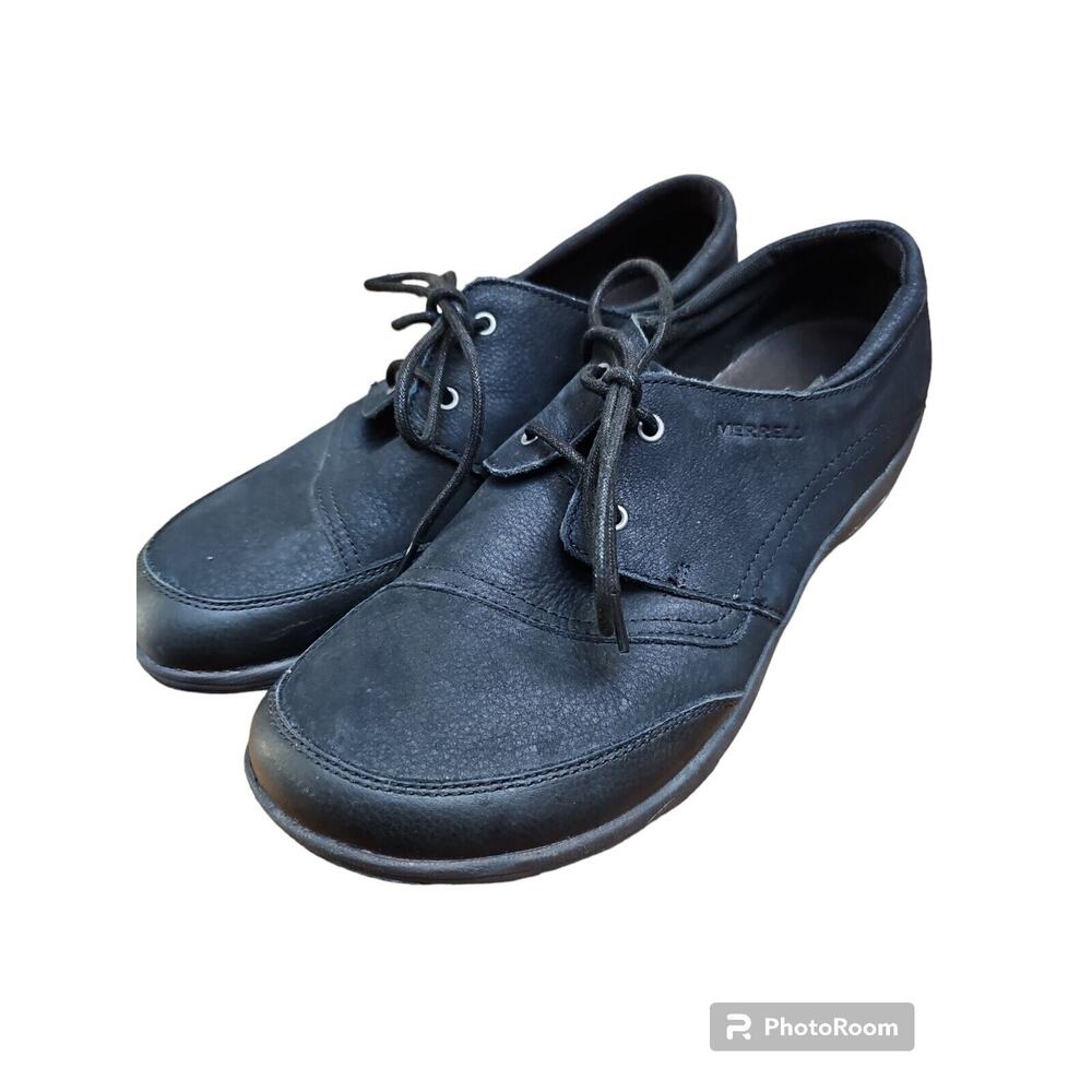 Merrell women’s lace up black leather low top comfort shoes sneakers size 10‎